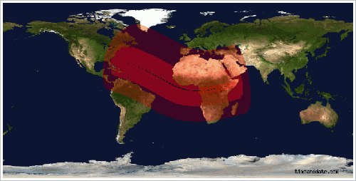 Solar eclipse on 03/11/13: Map of visiblity, © timeanddate.com