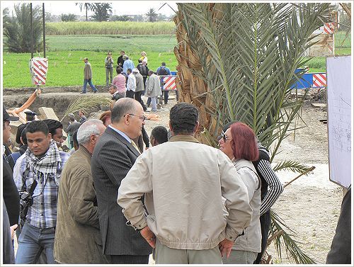 The salvage of two threatened Colossi of Amenhotep III at Kom el-Hettan, Luxor West Bank - in the foreground Dr. Hourig Sourouzian (right) with the Governor of Luxor Dr. Ezaat Saad (left)