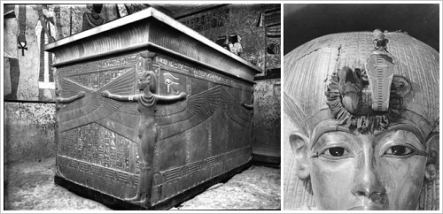 Harry Burton: Tutankhamun's quartzite sarcophagus and detail of the outermost coffin, © Griffith Institute, University of Oxford