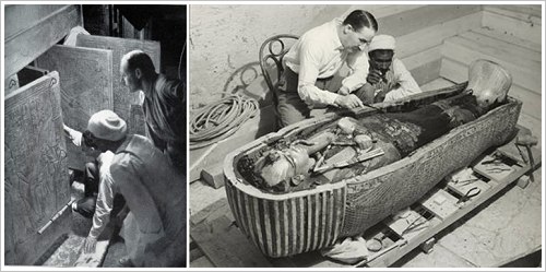 Harry Burton: Howard Carter looking through the open doors of the funerary shrines and examining the innermost gold coffin, © Griffith Institute, University of Oxford