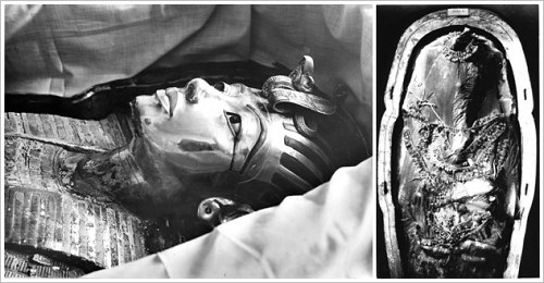 Harry Burton: The gold mask of Tutankhamun in situ and Tutankhamun's mummy covered by a linen shroud and floral collars, © Griffith Institute, University of Oxford