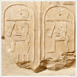 Hatschepsut cartouches in the Netery-menu at the Open Air Museum Karnak, © CNRS/CFEETK