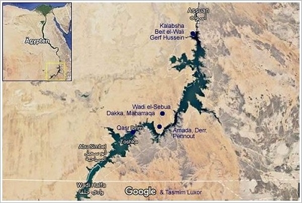 Lake Nasser with all mentioned sites,© Google & Tasmim Luxor